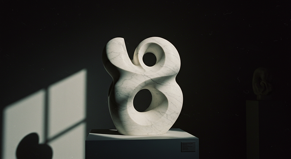 Abstract white marble sculpture on a pedestal, with intense light and shadow against a dark background. A tranquil and artistic atmosphere.