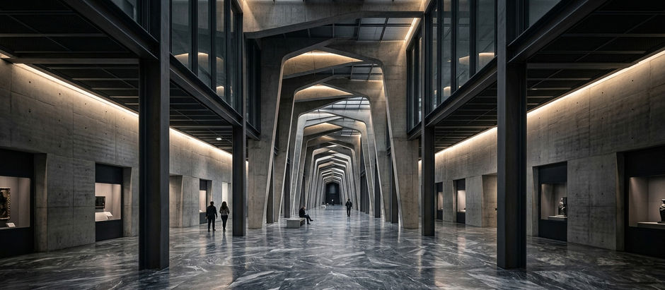 Interior arquitectónico contemporáneo con iluminación dramática, corredores monumentales y personas pequeñas y desorientadas dentro de un espacio diseñado para impacto visual más que para uso humano.