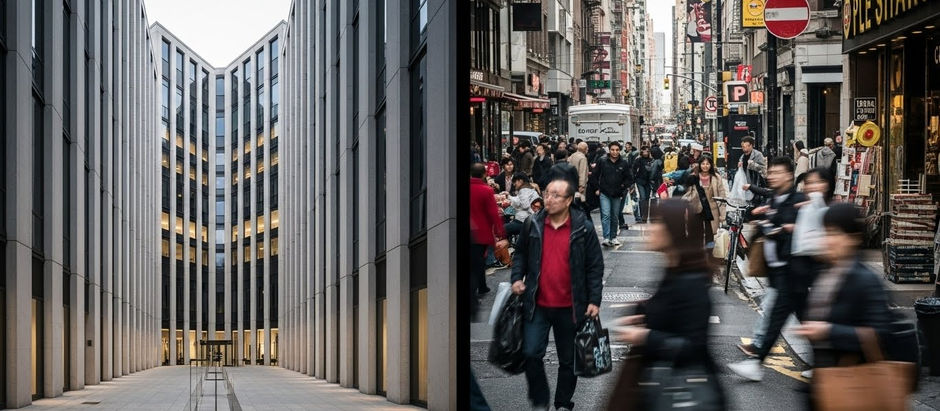 Comparación entre fotografía de arquitectura con líneas rectas y encuadre controlado y street photography urbana con personas en movimiento y caos visual en la ciudad.