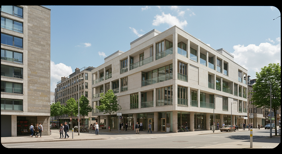 Modern corner building surrounded by trees, with people walking by. Blue sky with clouds. Sunny urban atmosphere.