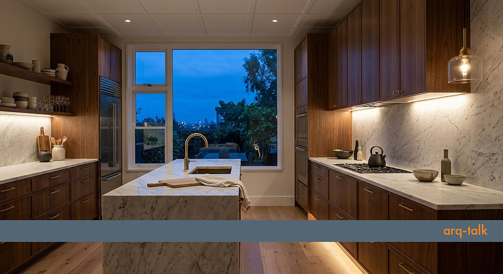 Cocina moderna con iluminación bajo gabinete utilizada como luz complementaria.