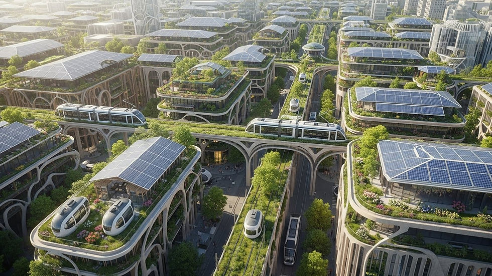 Ciudad futurista con edificios verdes y trenes elevados. Paneles solares en techos, vegetación abundante y modernos vehículos en movimiento.