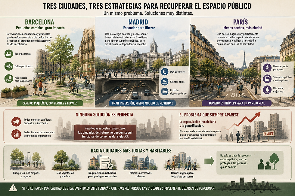 Infografía titulada "TRES CIUDADES, TRES ESTRATEGIAS PARA RECUPERAR EL ESPACIO PÚBLICO". Compara los modelos urbanos de Barcelona (intervenciones graduales), Madrid (soterramiento) y París (peatonalización agresiva). En la parte inferior, analiza los problemas comunes como la gentrificación y propone directrices para lograr ciudades más justas y habitables protegiendo a los ciudadanos.