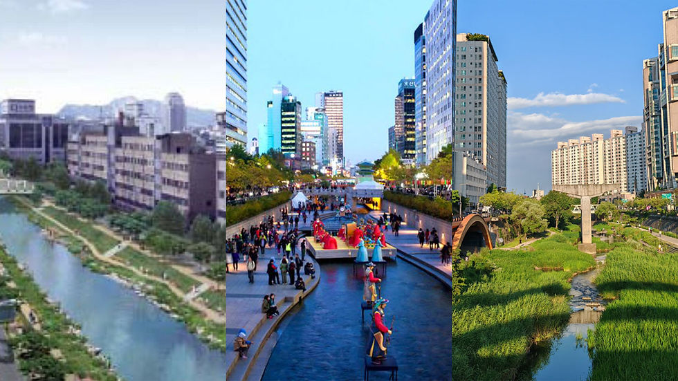 Proyecto de restauración urbana del arroyo Cheonggyecheon en el centro de Seúl con áreas peatonales.