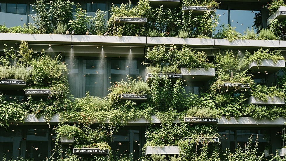 Fachada de edificio cubierta de plantas verdes en balcones. Carteles muestran CO2 capturado. Rozagante y ecológica atmósfera urbana.