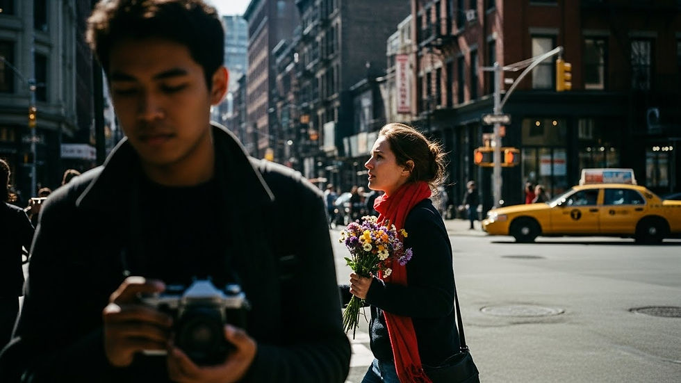 Persona con cámara en primer plano, mujer con flores y bufanda roja cruzando calle en ciudad, taxis amarillos y edificios de fondo.