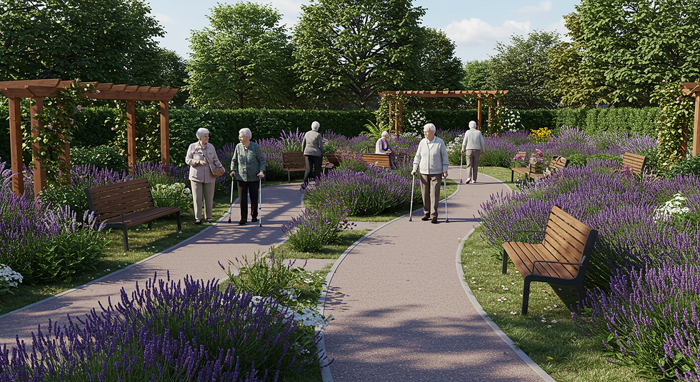 Personas mayores pasean en un jardín con senderos rodeados de lavanda. Bancos de madera y pérgolas. Ambiente tranquilo y soleado.