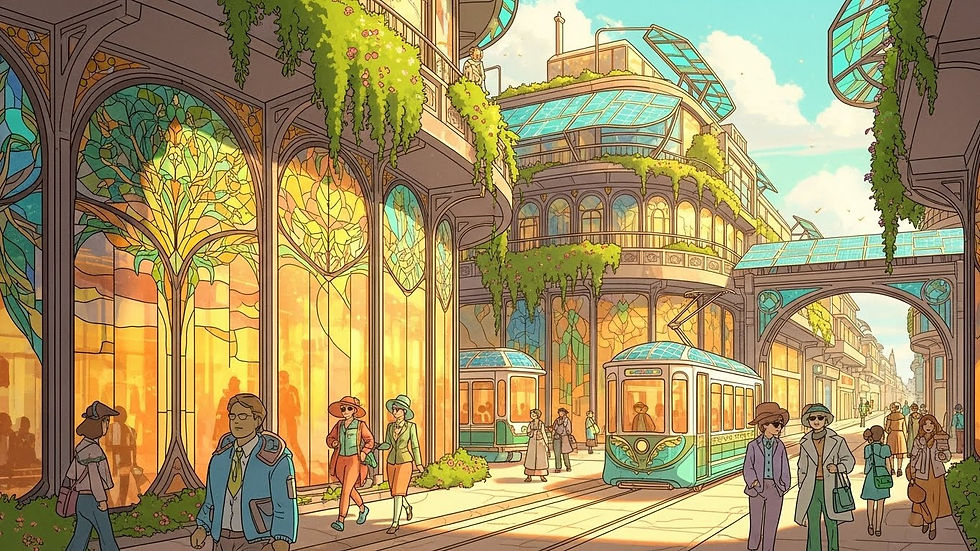 Personas caminando en una futurista calle de tranvías con vitrales coloridos y vegetación colgante. Ambiente soleado y tranquilo.