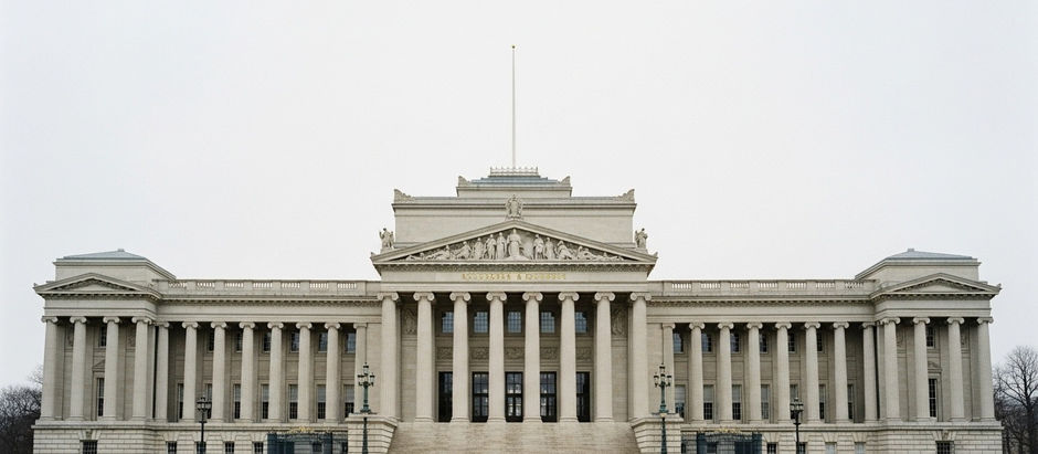 Fotografía frontal de un edificio arquitectónico con composición perfectamente simétrica, eje central marcado y fachada alineada, mostrando una imagen rígida y controlada.