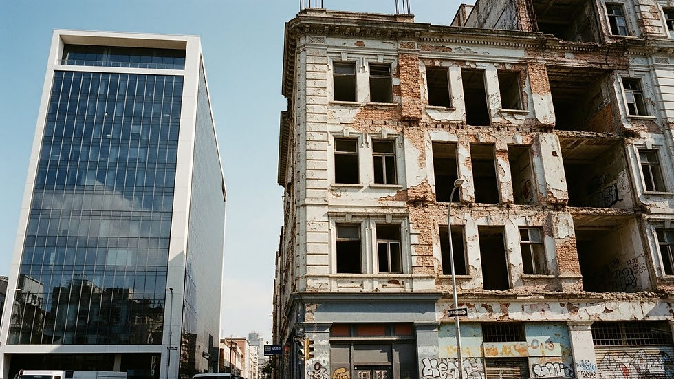 Edificio moderno de vidrio junto a edificio antiguo deteriorado con grafitis. Cielo despejado, contraste de estilos arquitectónicos.