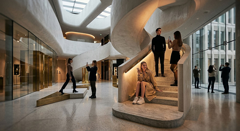 Personas en vestíbulo moderno con escaleras curvas. Algunos toman fotos con sus móviles. Ambiente elegante y arquitectura blanca y dorada.