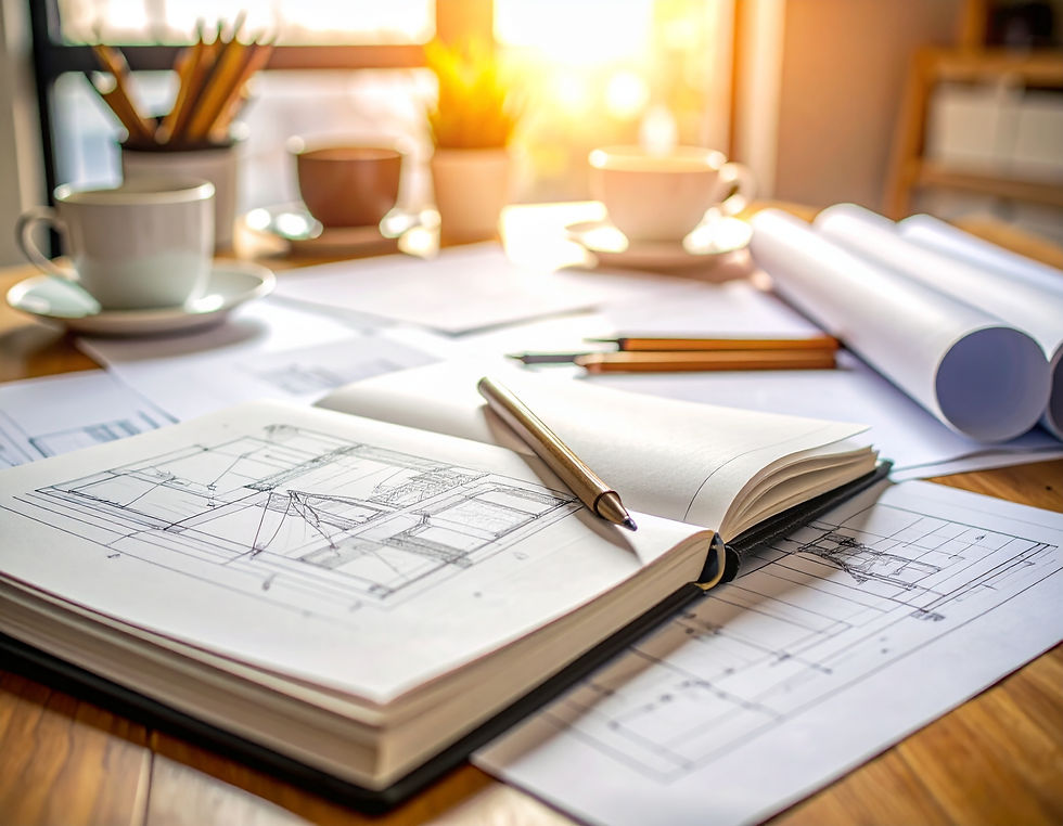 Escritorio con planos, cuadernos y lápices al sol. Tres tazas de café al fondo, luz cálida y ambiente creativo.