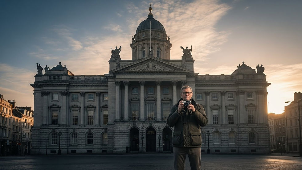 Hombre con cámara frente a un edificio neoclásico al amanecer. Cielo parcialmente nublado, tonos fríos. Ambiente tranquilo y contemplativo.