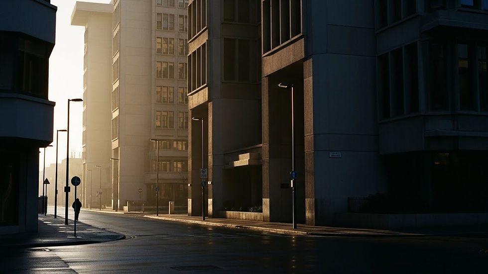 Calle urbana al amanecer, con edificios altos y una persona caminando. La luz dorada del sol ilumina la escena, creando un ambiente tranquilo.