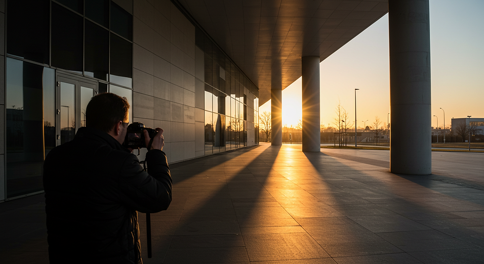 Photographer capturing sunrise near a modern building with reflective glass. Golden light and long shadows create a serene atmosphere.