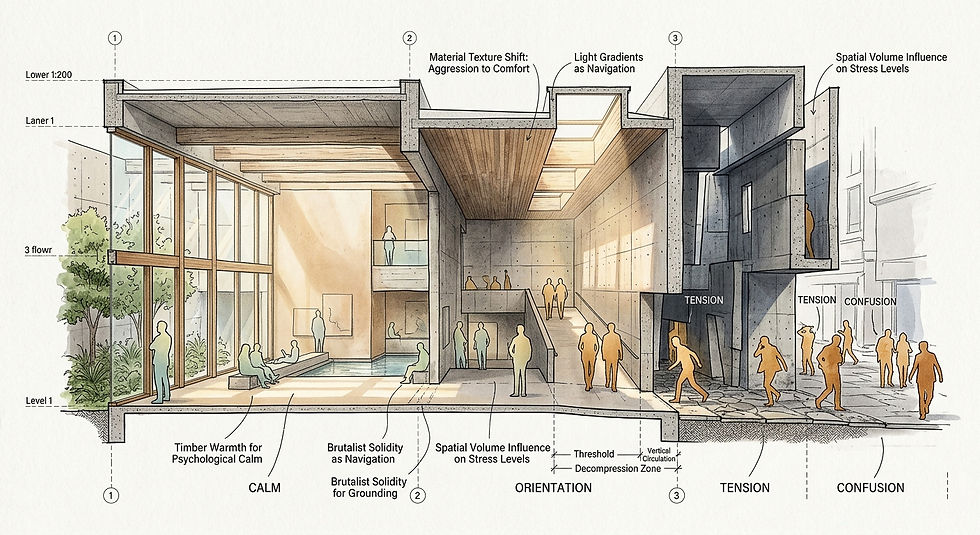 Corte arquitectónico muestra áreas de calma, orientación y tensión en un edificio brutalista, con personas en diferentes estados emocionales.