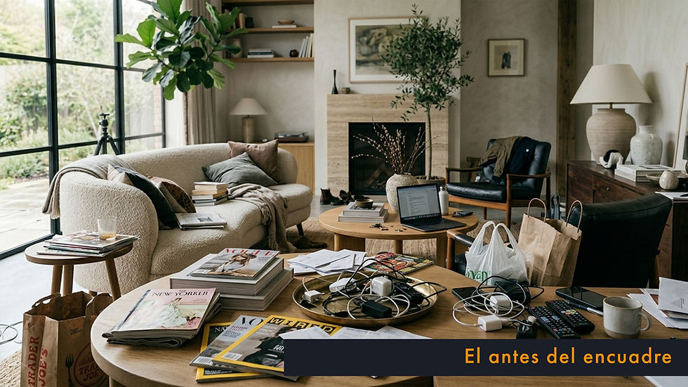 Sala de estar desordenada y acogedora, con sofá, mesa llena de revistas y cables; gran ventanal y texto El antes del encuadre