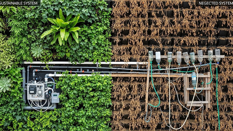 Pared verde dividida: a la izquierda, plantas verdes y sistemas de riego, a la derecha, plantas secas y botellas plásticas. Texto: Sustainable System y Neglected System.