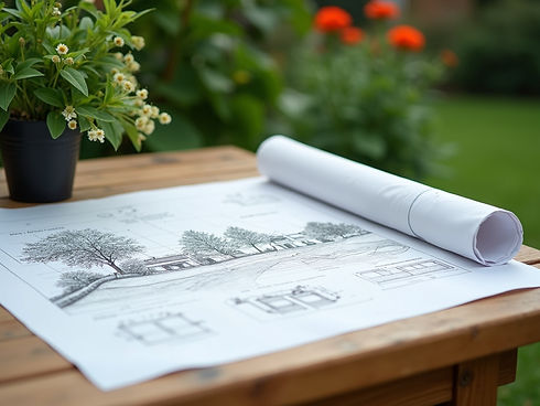 Landscape design blueprint on a wooden table outdoors