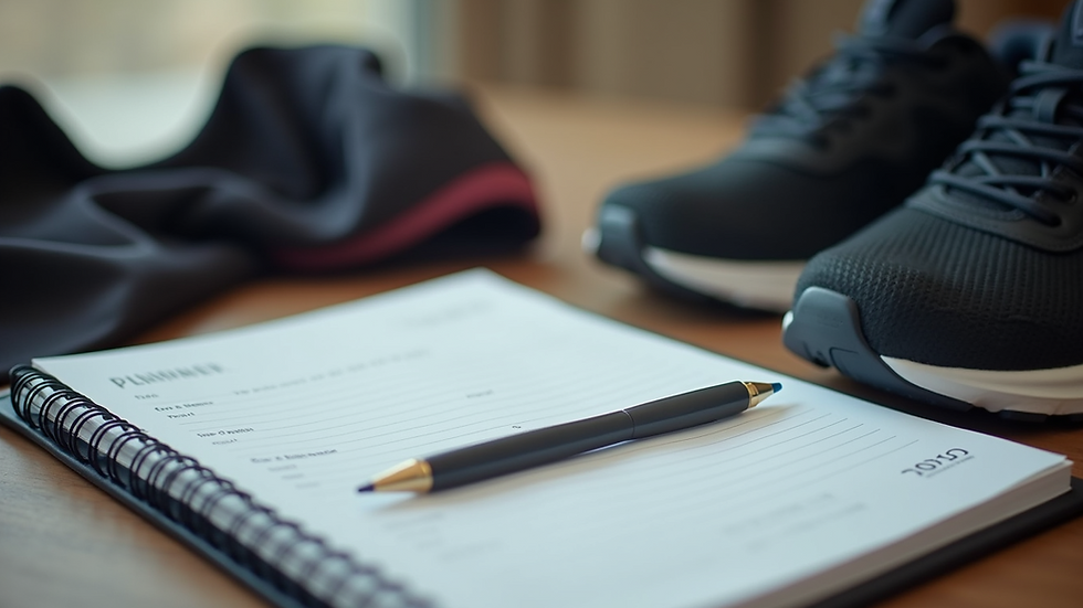 Close-up of a fitness planner and workout gear