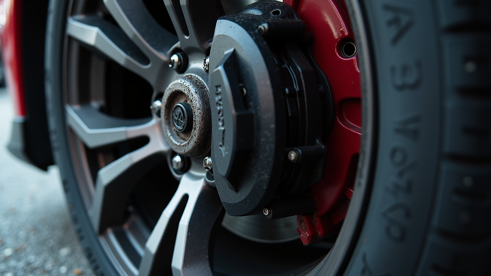 Eye-level view of a car's tire and brake system