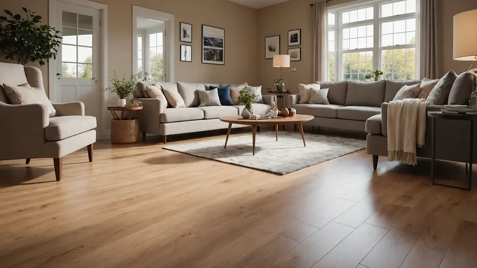 Wide angle view of a cozy living room featuring laminate flooring and a plush carpet