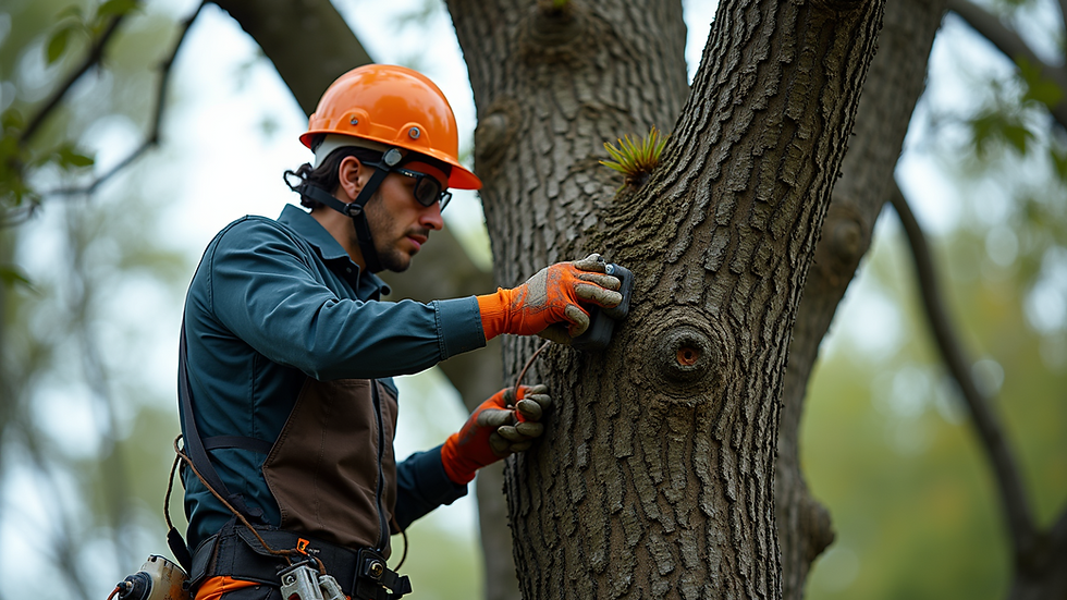High angle view of a professional team trimming a tree