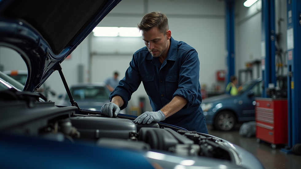 Eye-level view of a car mechanic inspecting an engine in a garage
