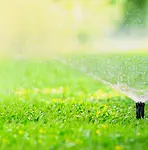 Sprinkler watering green grass lawn with water drops, nature background.