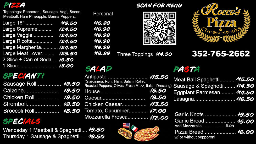 Rocco's Pizza menu displaying prices for pizza, pasta, and salad.