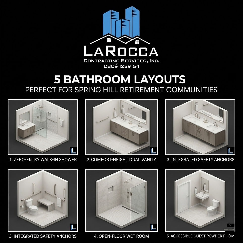 5 Bathroom Layouts Perfect for Spring Hill Retirement Communities." The image displays six 3D architectural renderings of accessible bathroom designs, including a zero-entry walk-in shower, comfort-height dual vanities, integrated safety anchors with grab bars, an open-floor wet room, and an accessible guest powder room. The design is modern with a professional black background.