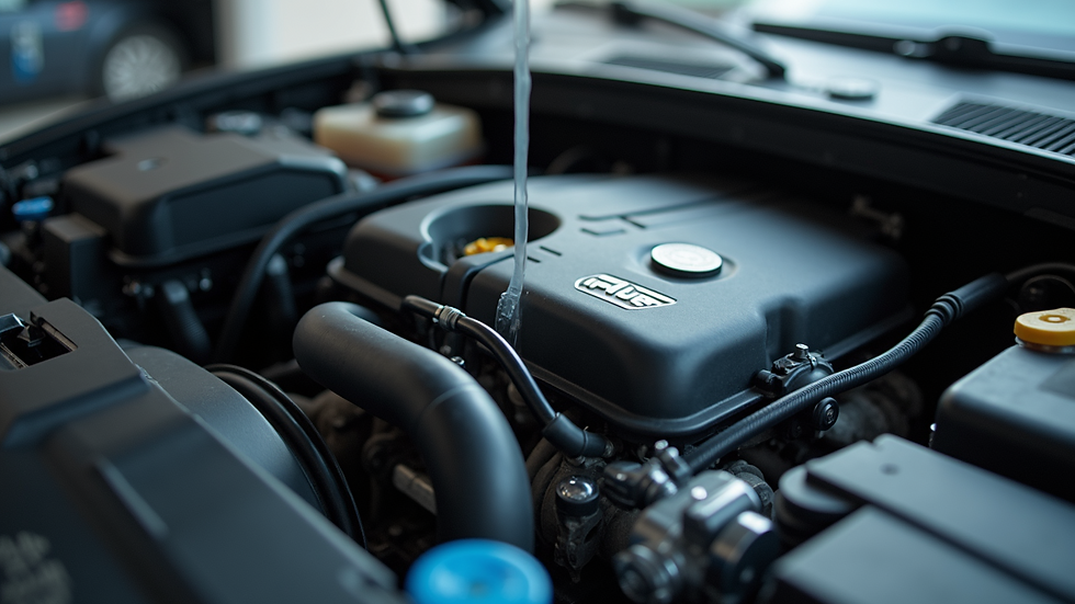 High angle view of a car engine showing coolant issues