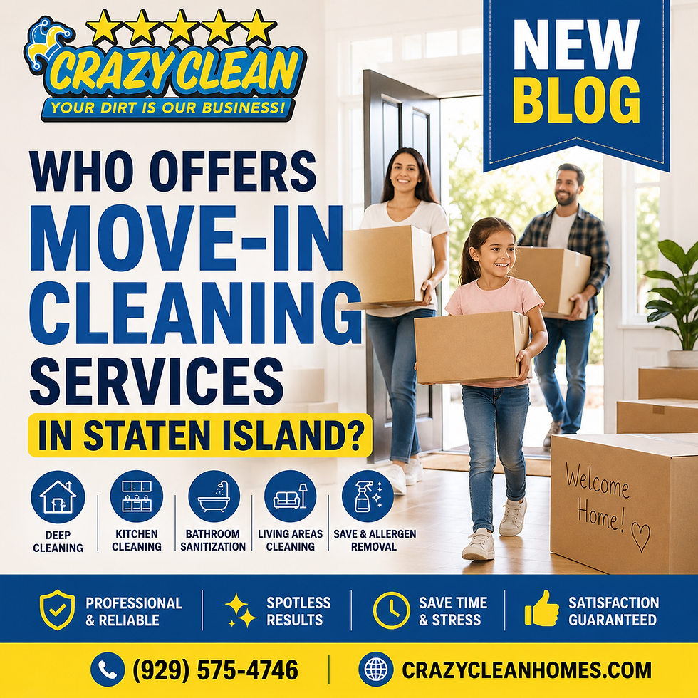 Crazy Clean Cleaning Services move-in cleaning blog graphic featuring a family carrying moving boxes into a new home and the headline 'Who Offers Move-In Cleaning Services in Staten Island?