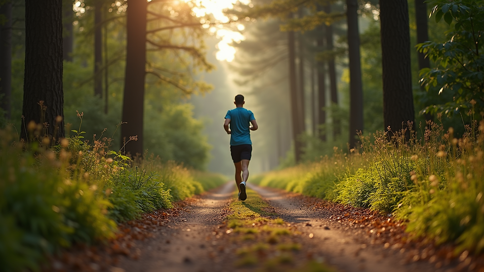 Eye-level view of a person jogging on a forest trail