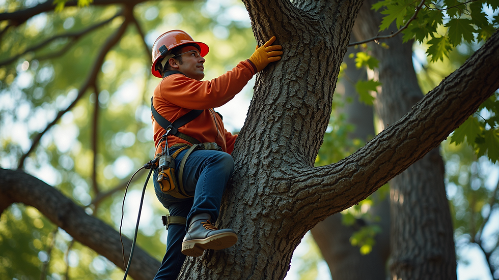 Eye-level view of a professional arborist trimming a large oak tree