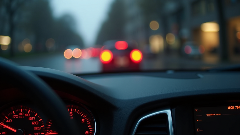 Close-up view of a car's dashboard showing warning lights