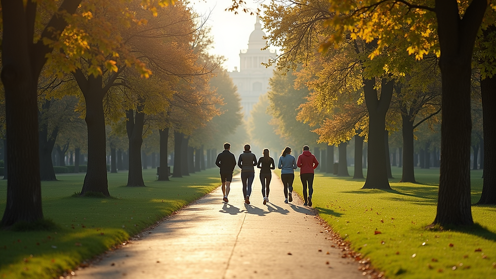 High angle view of a city park with people walking and jogging