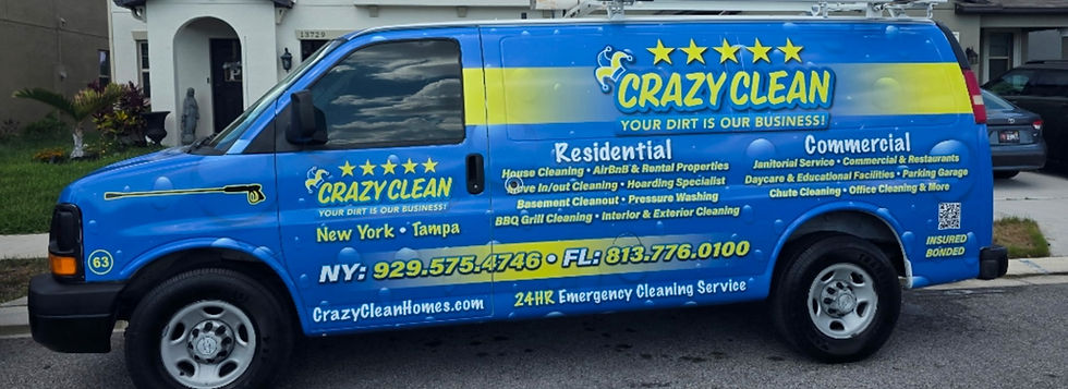 Blue Crazy Clean van with text for residential and commercial cleaning services.