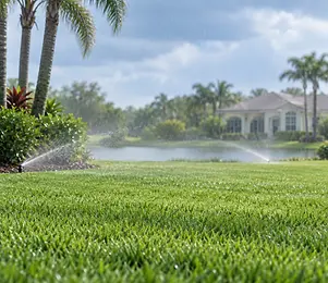 Sprinkler system watering a healthy lawn in New Port Richey, Florida
