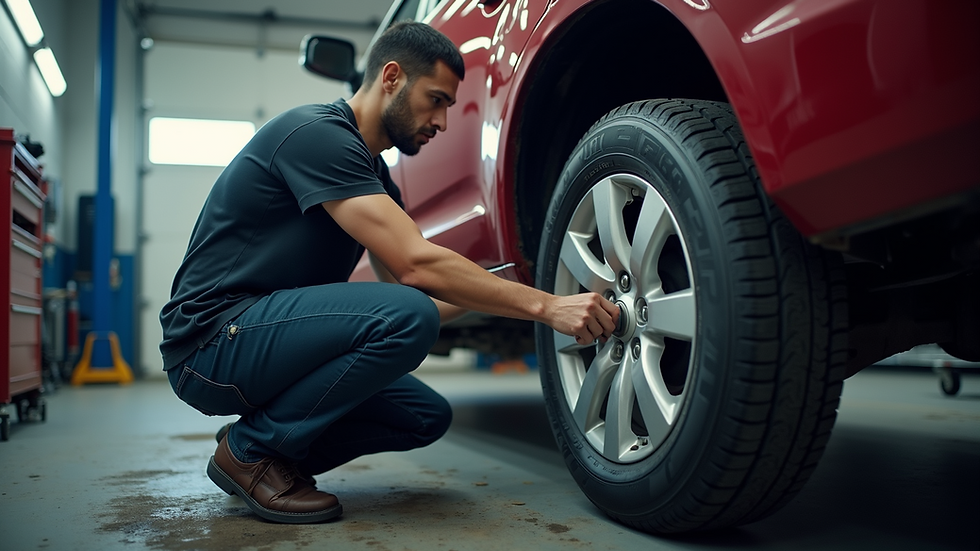 High angle view of a mechanic performing a tire rotation
