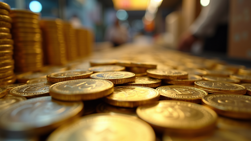Eye-level view of gold coins and silver bullion displayed in a market