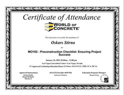 World of Concrete apmācību sertifikāts par projektu procesu kontroli