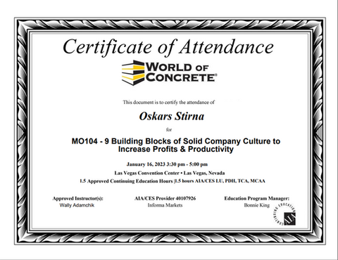 World of Concrete apmācību sertifikāts par uzņēmuma attīstību