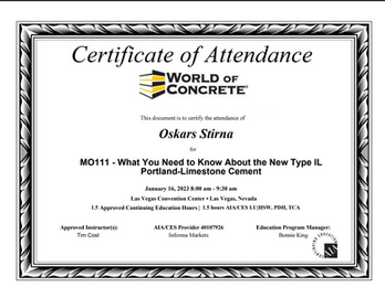 World of Concrete apmācību sertifikāts par portlandcementa betonu