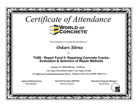 World of Concrete sertifikāts par betona plaisu remontu
