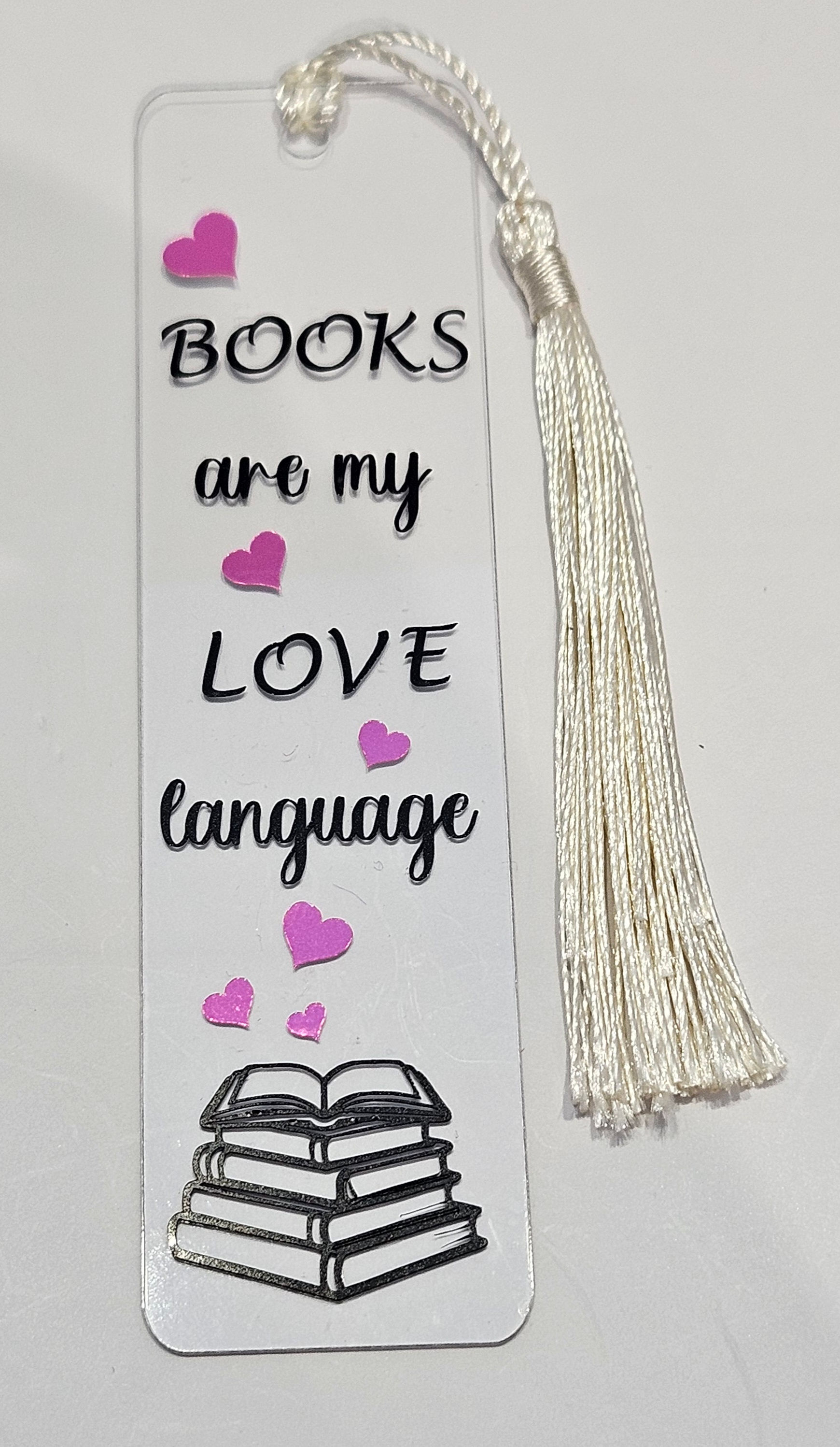 books are my love language bookmark with pink hearts and pile of books decal