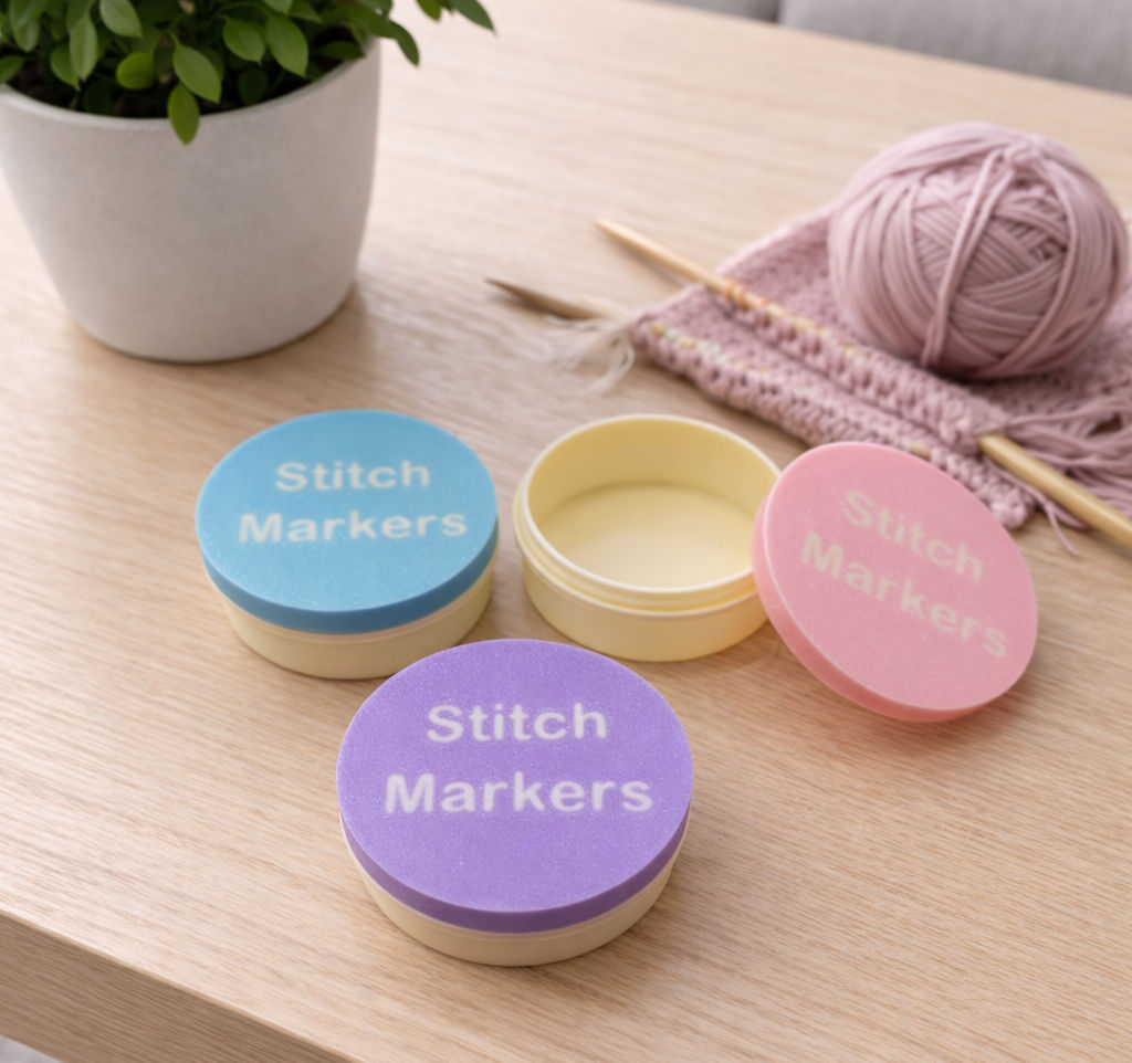Three round stitch marker containers in pastel colours: blue, pink, and purple. Each lid is printed with "Stitch Markers"