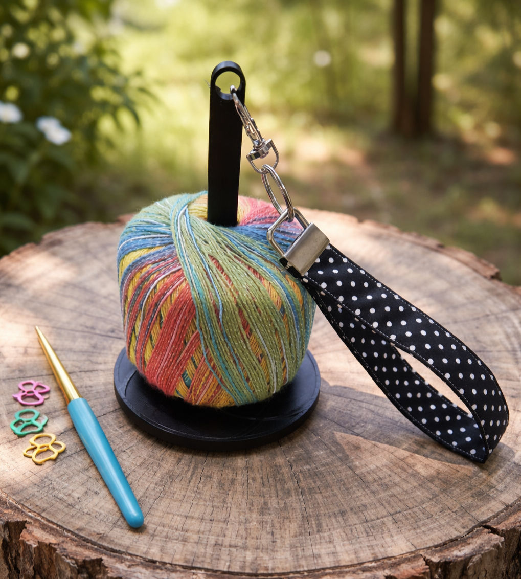black yarn spinner with black wristlet in a polka dot design. Ball of rainbow coloured yarn on the spinner.