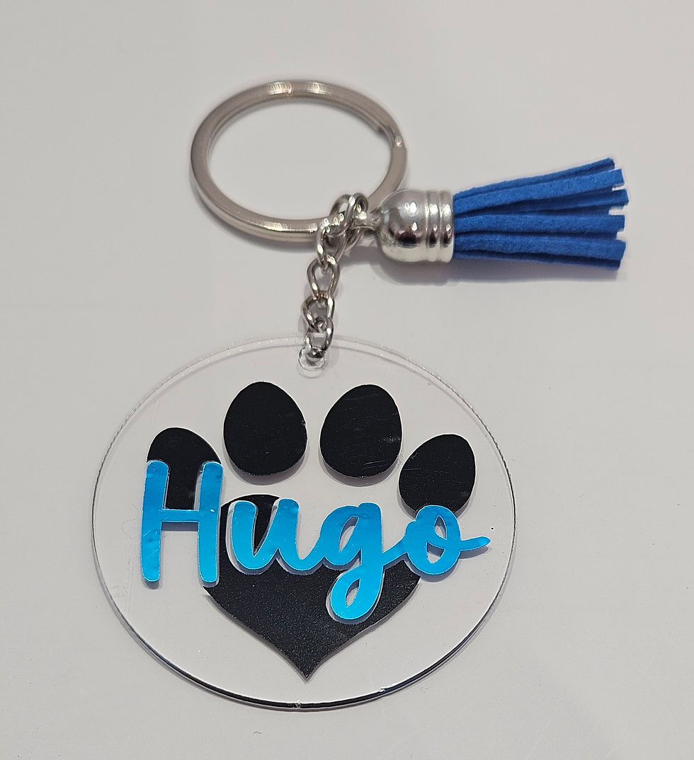 Thumbnail: keychain with paw print heart and name Hugo in blue with blue tassel