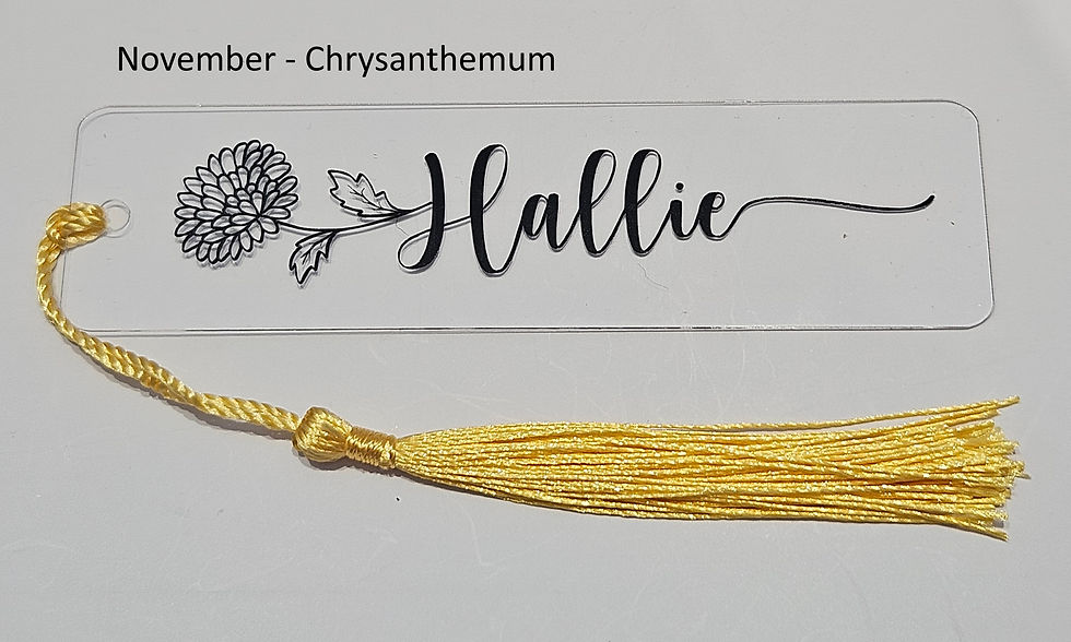 Thumbnail: birth flower for november bookmark with name Hallie in black vinyl and yellow tassel